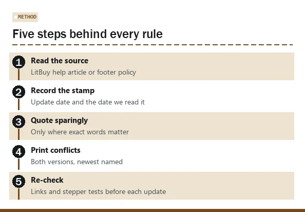 Numbered method steps used to check LitBuy rules for this site