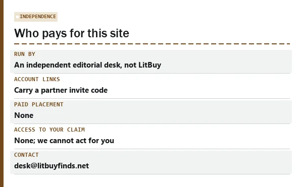 Card summarising the site's relationship with LitBuy and how it is funded