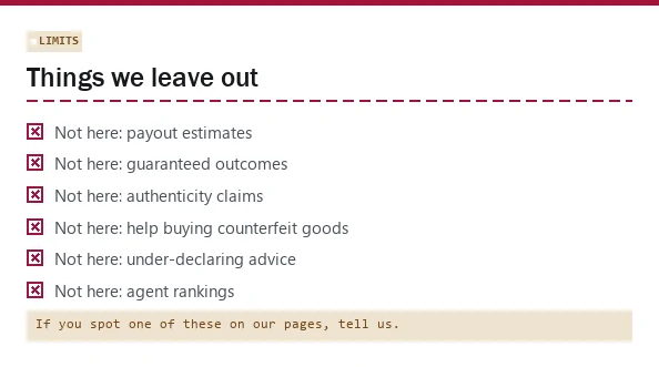 Slip card listing what this site will not do