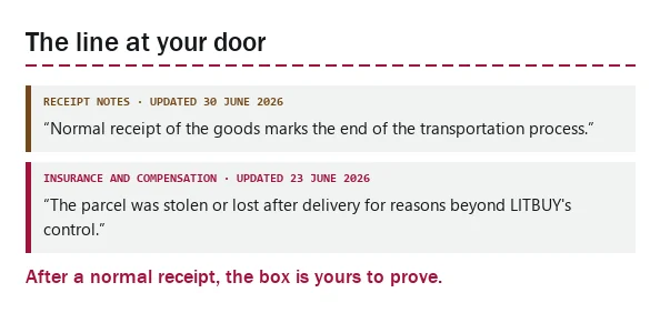 Two quoted LitBuy rules: transport ends at normal receipt, and theft after delivery is excluded