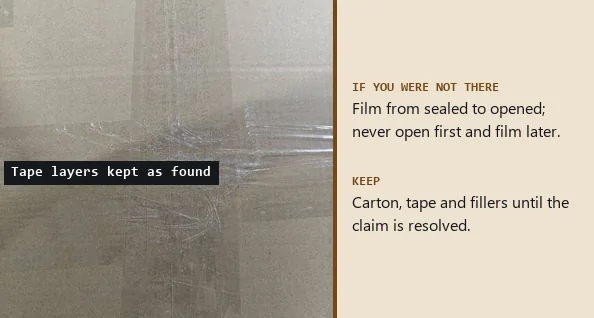 Plain sealed carton top covered in layers of clear packing tape