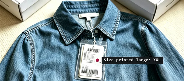 Denim shirt with a clear plastic hang tag reading XXL, photographed close up on a beige surface
