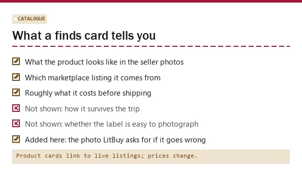 Slip card describing what a finds catalogue does and does not tell you before buying