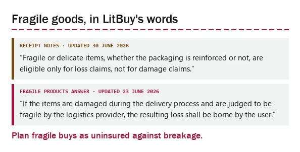 Two quoted LitBuy rules about fragile items: loss claims only, and breakage borne by the user