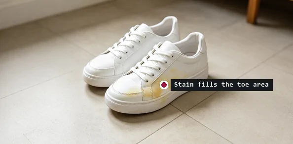 Pair of white trainers on a tiled floor, one with a yellow-brown stain across the toe