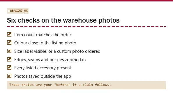 Slip card with a checklist for reading LitBuy QC photos before shipping