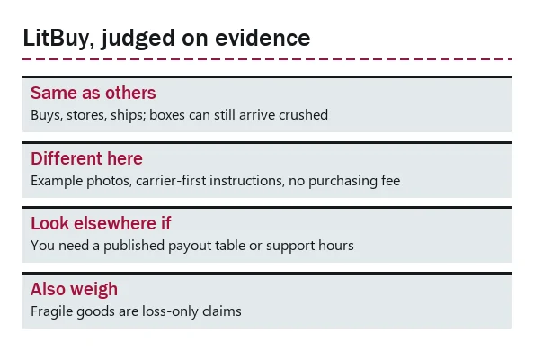Three-part card: what all agents share, what LitBuy does differently, when another agent fits better