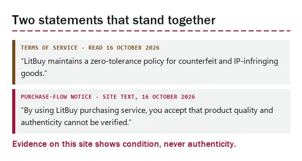 Two quoted LitBuy statements: zero tolerance for counterfeit goods, and authenticity cannot be verified
