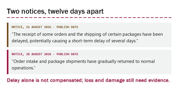 Two quoted LitBuy notices from August 2026 about hurricane delays and their resolution