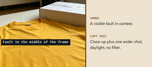 Yellow T-shirt with a torn hole in the chest lying on a table beside a white box