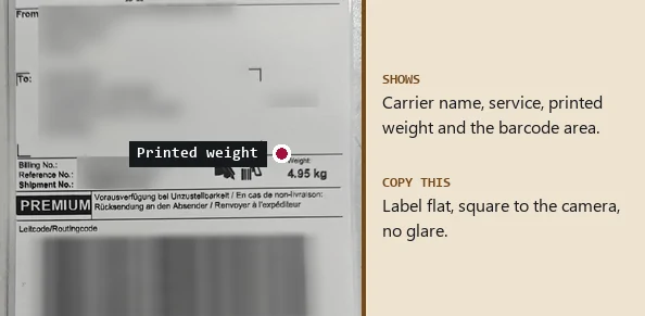 International parcel label with a printed weight of 4.95 kg and blurred addresses and numbers