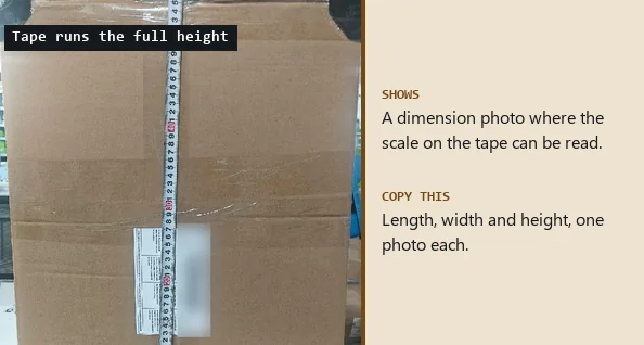 Carton standing upright with a measuring tape running up its height and a seal label beside the tape