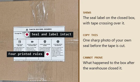 Close view of the LitBuy Check before signing label on a taped carton, with four columns of rules