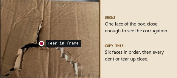 Cardboard parcel side with a large T-shaped tear exposing the corrugated layer