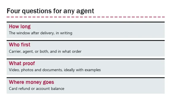Card of four questions to ask any shopping agent about after-sales