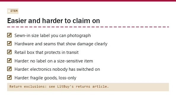 Slip card of item traits that make a later claim easier or harder