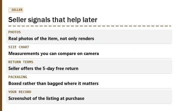 Card of seller signals that make later claims easier: real photos, size chart, return terms, packaging