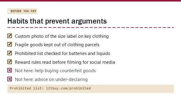 Slip card of cautions before ordering through LitBuy