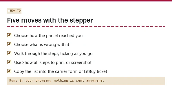 Slip card describing how to use the stepper in five moves