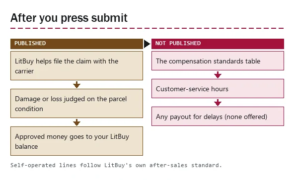 Two-column diagram: what LitBuy says it does with a claim, and what stays unpublished