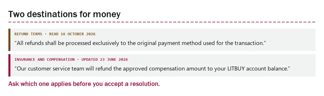 Two quoted LitBuy rules: refunds only to the original payment method, compensation to the account balance