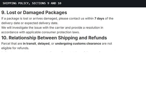 Section 9 and 10 of LitBuy's shipping policy: contact within 7 days of delivery, no refunds while in transit