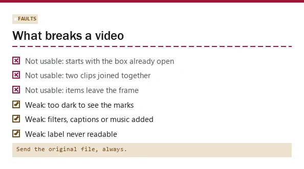 Slip card listing ways an unboxing video loses its value as evidence