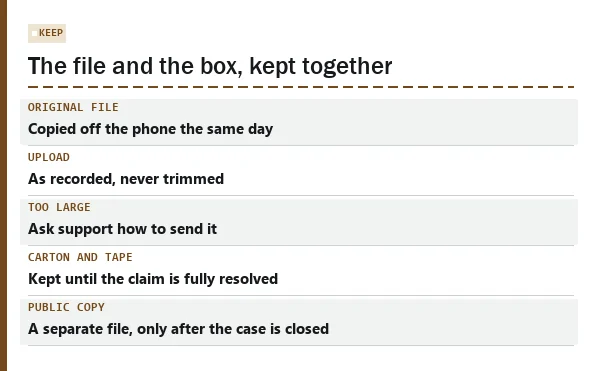 Card describing how to keep and send the video file and physical packaging