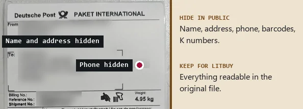 Parcel label with addresses and barcodes blurred, showing which parts to hide before posting