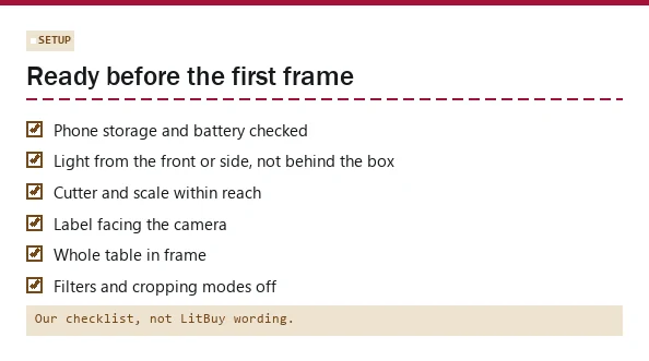 Slip card of setup checks before recording an unboxing video