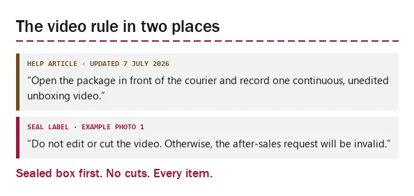 Two quoted LitBuy texts on the unboxing video: the help article and the seal label