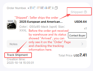 Seller-shipped status before warehouse receipt